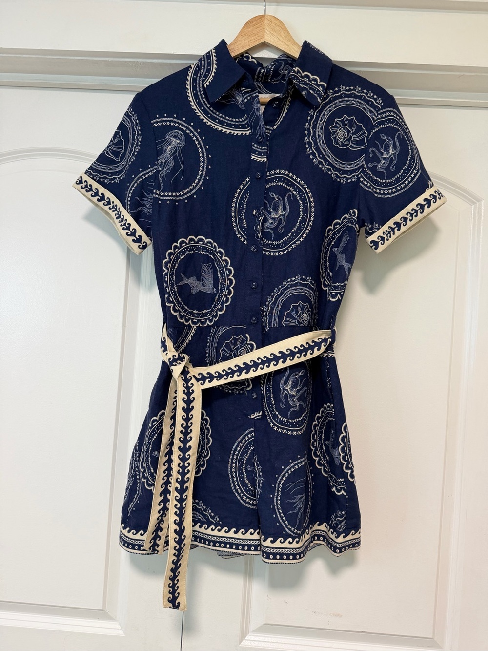 Caroline Constas Navy Cream Nautical Jellyfish 🪼 Coastal Belt Short Jumpsuit NWT